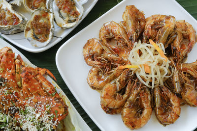 High angle view of food served on table