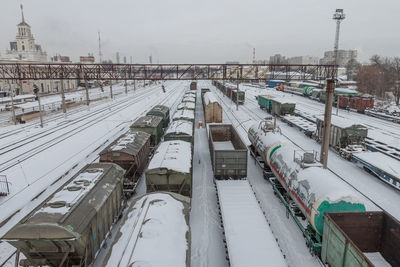 High angle view of snow covered railroad tracks against sky