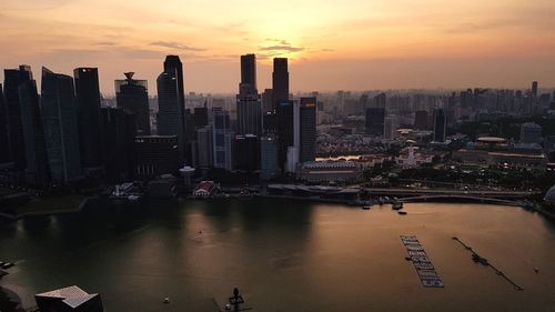 Aerial view of city at sunset