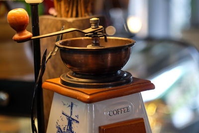 Close-up of tea light candles on table