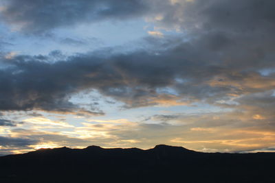 Scenic view of silhouette mountains against dramatic sky