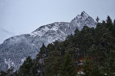 Low angle view of snowcapped mountains against clear sky