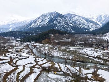 Scenic view of snow covered mountains against sky