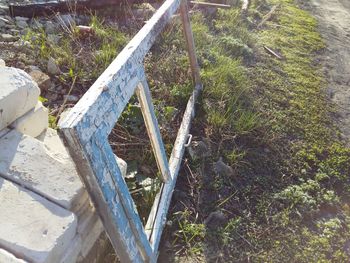 High angle view of wood on field