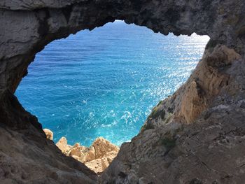 High angle view of sea and rock formation