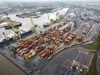 High angle view of commercial dock in city