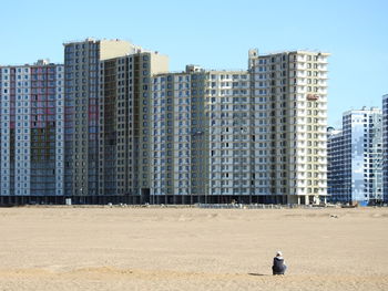 Rear view of man sitting on sand at beach