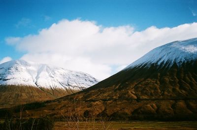 Scenic view of snow covered mountains against sky