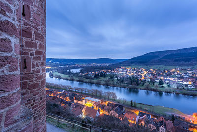 River by buildings in city against sky