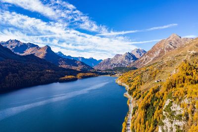 Scenic view of lake and mountains against blue sky