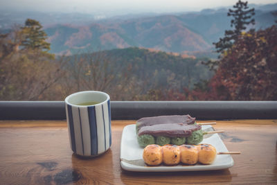 High angle view of breakfast and coffee on table