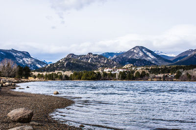 Scenic view of lake by snowcapped mountains against sky