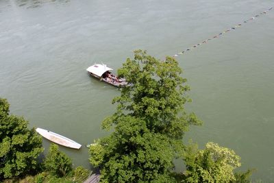 High angle view of boat sailing in lake