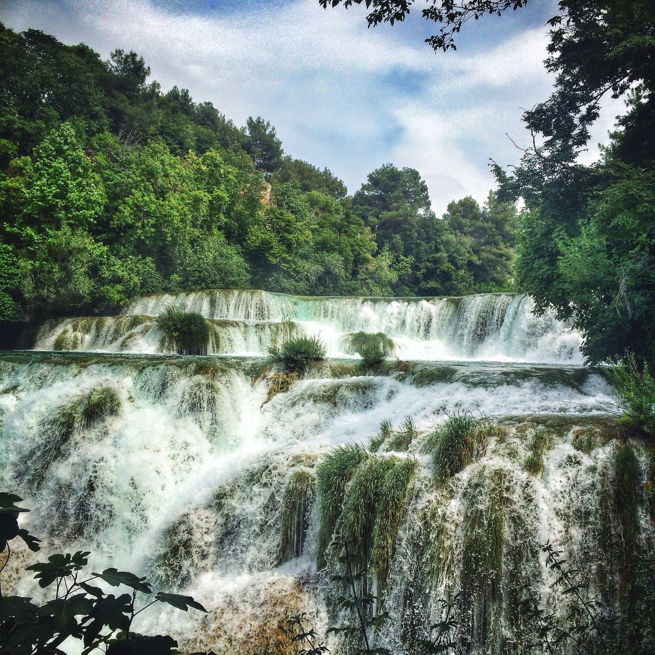 tree, water, flowing water, sky, scenics, beauty in nature, nature, waterfall, tranquility, growth, flowing, cloud - sky, forest, motion, tranquil scene, green color, river, day, idyllic, lush foliage