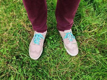 Low section of person standing on grassy field