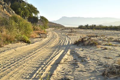 Dirt road amidst field against sky