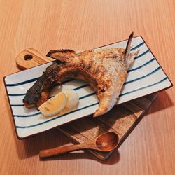 High angle view of food in plate on table