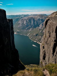 High angle view of rocks and mountains against sky