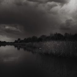 Scenic view of lake against cloudy sky