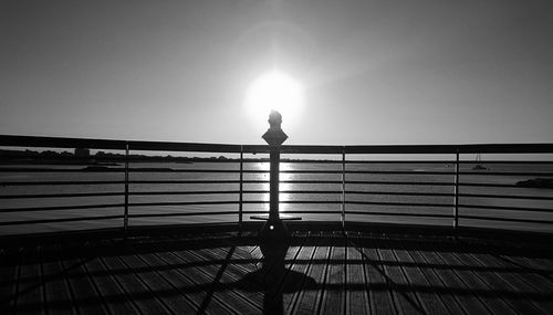 Silhouette woman standing by railing against clear sky