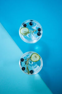 High angle view of blue ball on glass table