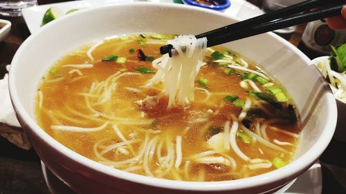 High angle view of soup in bowl