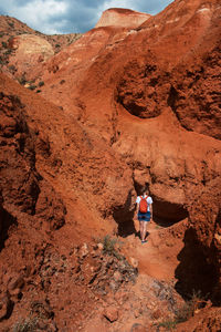 Rear view of man walking on mountain