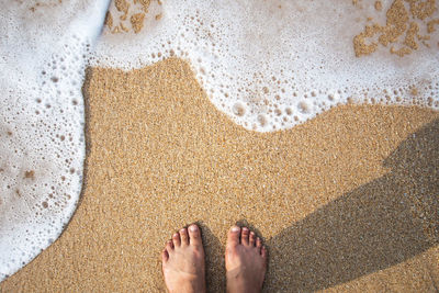 Low section of person standing at beach