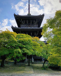 Temple by building against sky