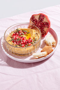 High angle view of fruit salad in plate on table