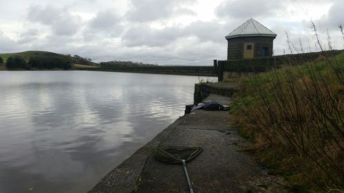 Scenic view of lake against cloudy sky