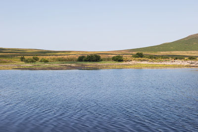 Scenic view of lake against clear sky