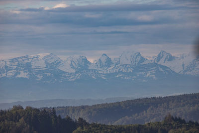 Scenic view of snowcapped mountains against sky