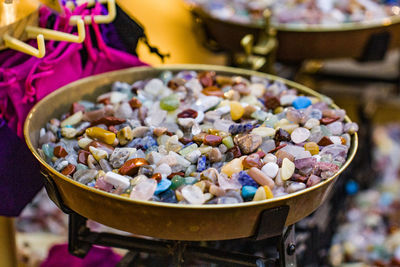 Close-up of stones in bowl on table