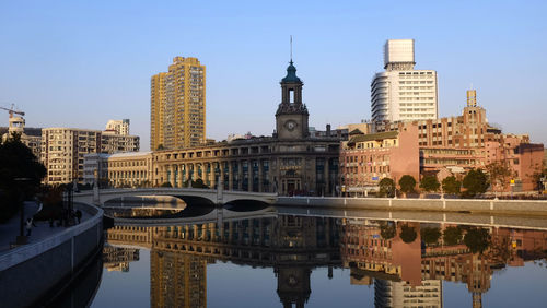 Bridge over river with buildings in background