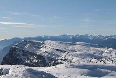 Scenic view of snowcapped mountains against sky