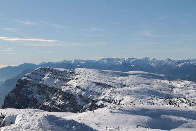 Scenic view of snowcapped mountains against sky