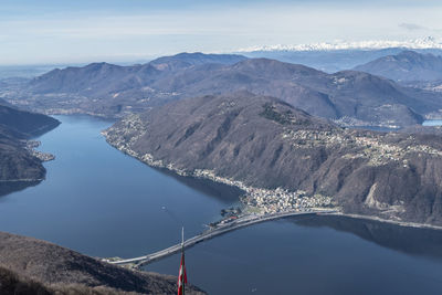 Aerial view of lake and mountains against sky