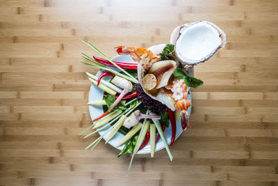 High angle view of various food on table