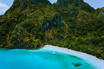 Scenic view of sea by tree mountain