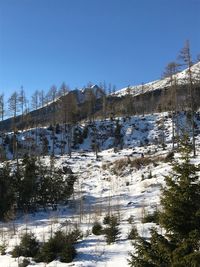 Snow covered landscape against clear blue sky