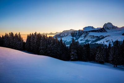 Snow covered landscape against sky during sunset