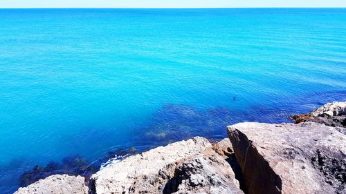 Scenic view of sea against blue sky