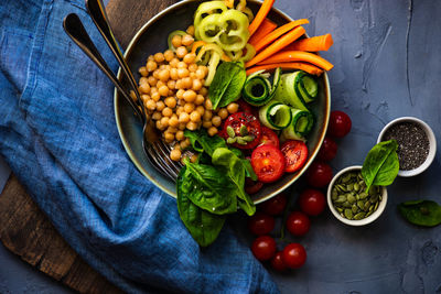 High angle view of food in container on table