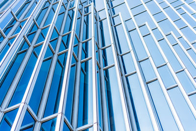 Low angle view of modern building against clear blue sky