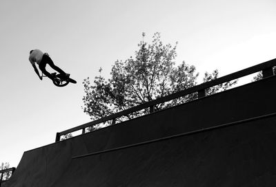 Low angle view of man performing stunt on bmx bicycle at skateboard park