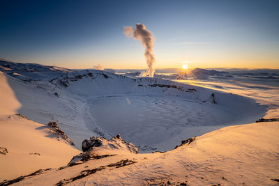 Scenic view of snowcapped mountains against sky during sunset