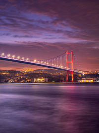 Illuminated bridge over river at night