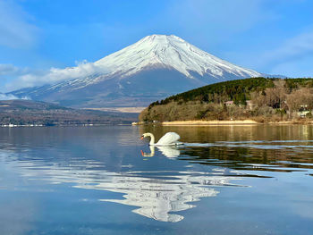 Scenic view of lake and mountains against sky