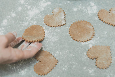 High angle view of hand holding cookies